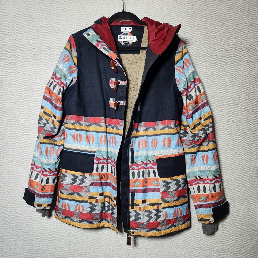 Roxy Size L Long Slim Fit Ski Snowboard 10K Sherpa Inside Blue Red Hooded Jacket